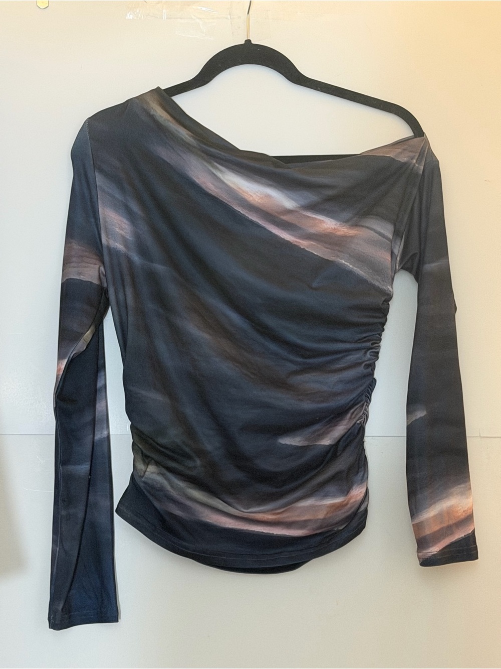 Ruched Off-Shoulder Long Sleeve Top in Black with Dusty Rose Accents